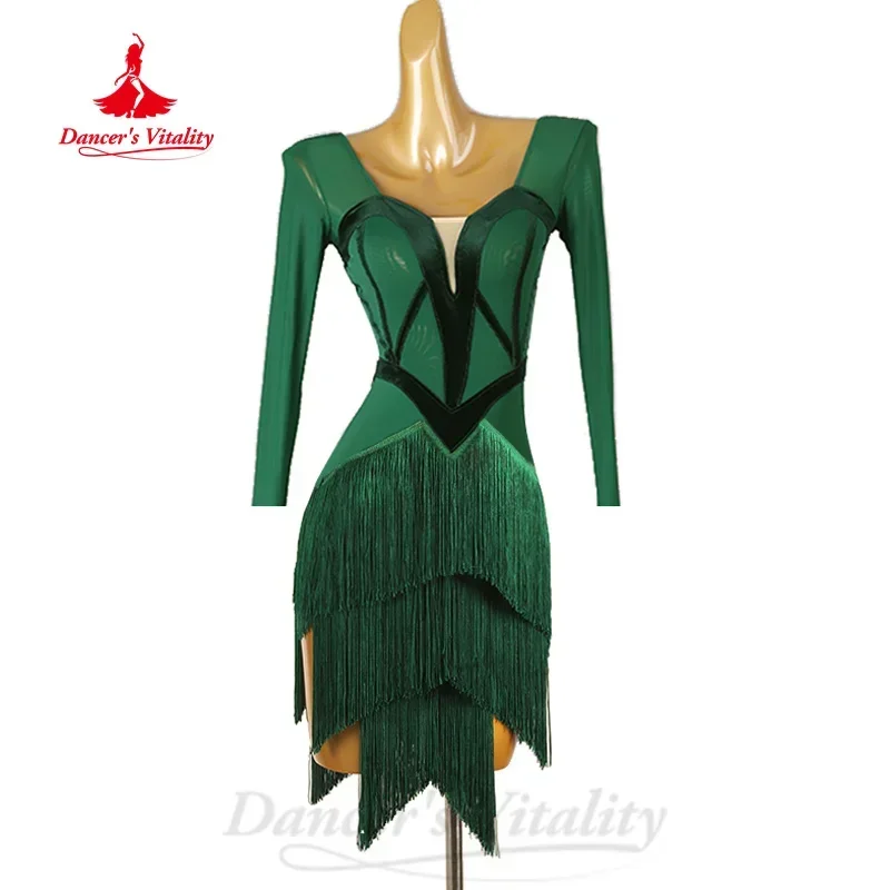 

Latin Dance Long Sleeve Tassel Dress Adults and Child Customized Tango Samba Rumba Performance Dress Girls' Competition Dresses