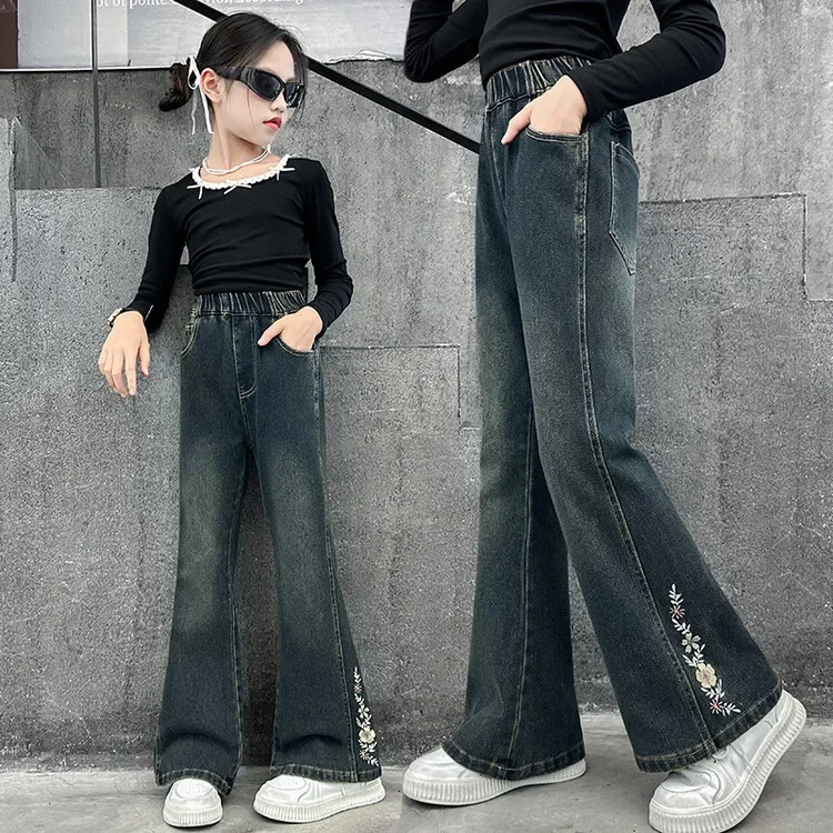 Baby Girl Pant Girls Jeans Autumn 2024 New Casual Fashion Medium and Large Fashion Micro Flared Pants Embroidered Pant