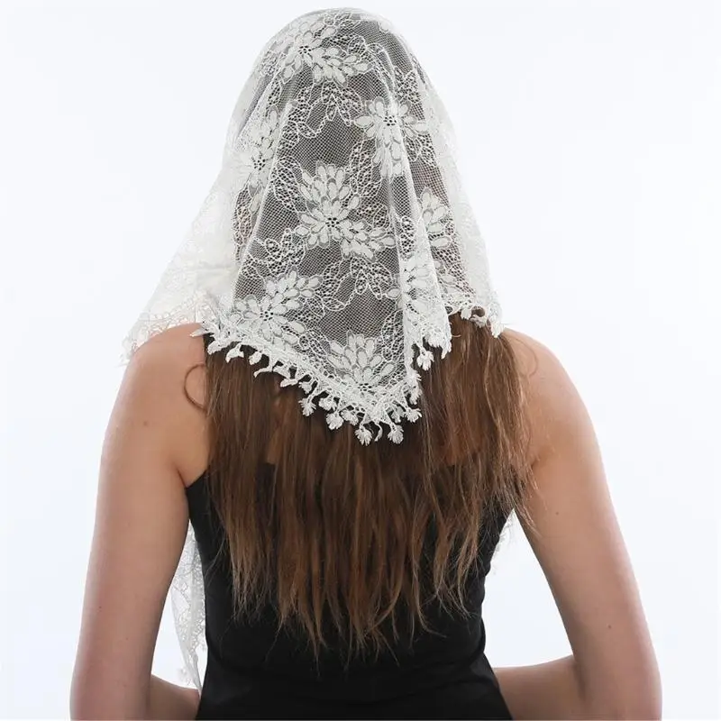 A52E Head Cover Lace Scarf Sheer Mesh Detail Shawl Wrap for Formal Event Dressing