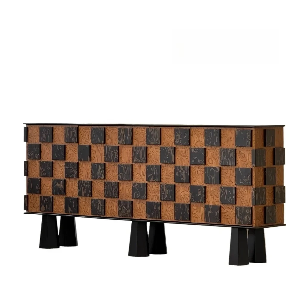 

Medieval style solid wood dining side cabinet retro style checkerboard home locker designer homestay side cabinet