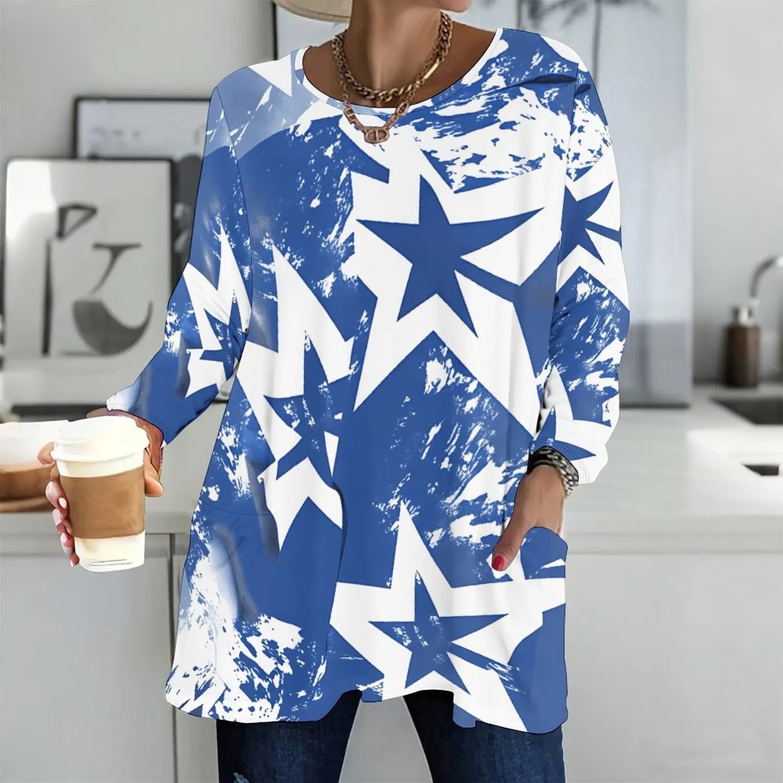Printed Top for Women Round Neck Long Sleeve Front Pockets Loose Fit Longline 5