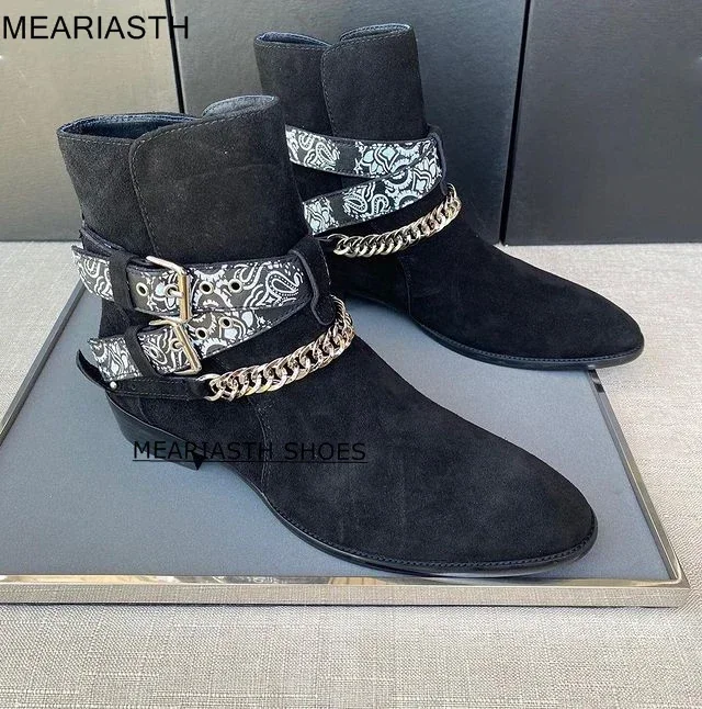 meariasth Stivali Chelsea fatti a mano da uomo Scarpe casual con punta a punta Stivali da moto Stivali da cowboy corti da sposa in pelle scamosciata maschile