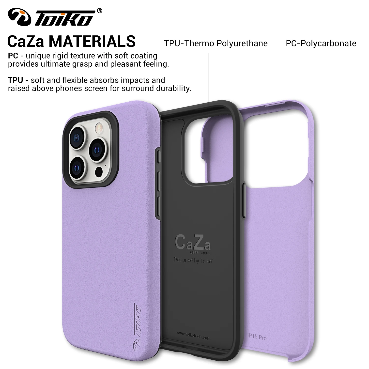 TOIKO CaZa 2 Layer Protective Cover for iPhone 15 Pro Max Shockproof Case iPhone 15 Plus Shell PC TPU Bumper Hybrid Armor Shield