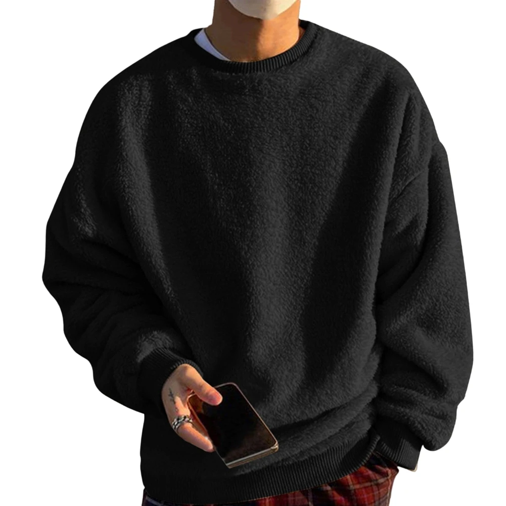 Double-Sided Fleece Hoodie for Men Round Neck Long Sleeve Sweatshirt Loose Casual Streetwear for Cold Season Layering Options