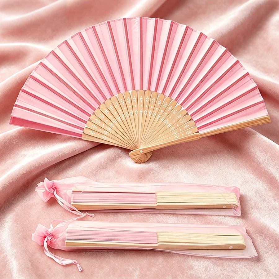 30/60pcs Pink Folding Hand Fan Set, Includes Thank You Card And Gift Bag Bride's Bamboo Hand Fan Wedding Decor Summer Accessory