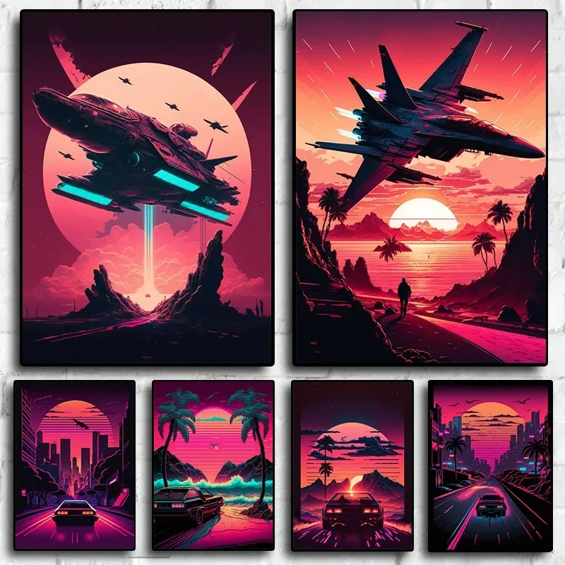 Retrowave Style 80s Retro Neon Spaceship Car Aesthetic Art Home Wall Decor Picture For Room Living Canvas Painting Print Posters