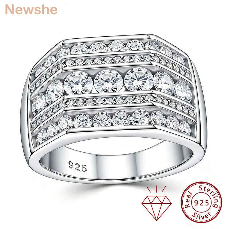 Newshe Men's 925 Sterling Silver GRA Certified Moissanite Wedding Band Multi-Row Engagement Ring Luxury Jewelry