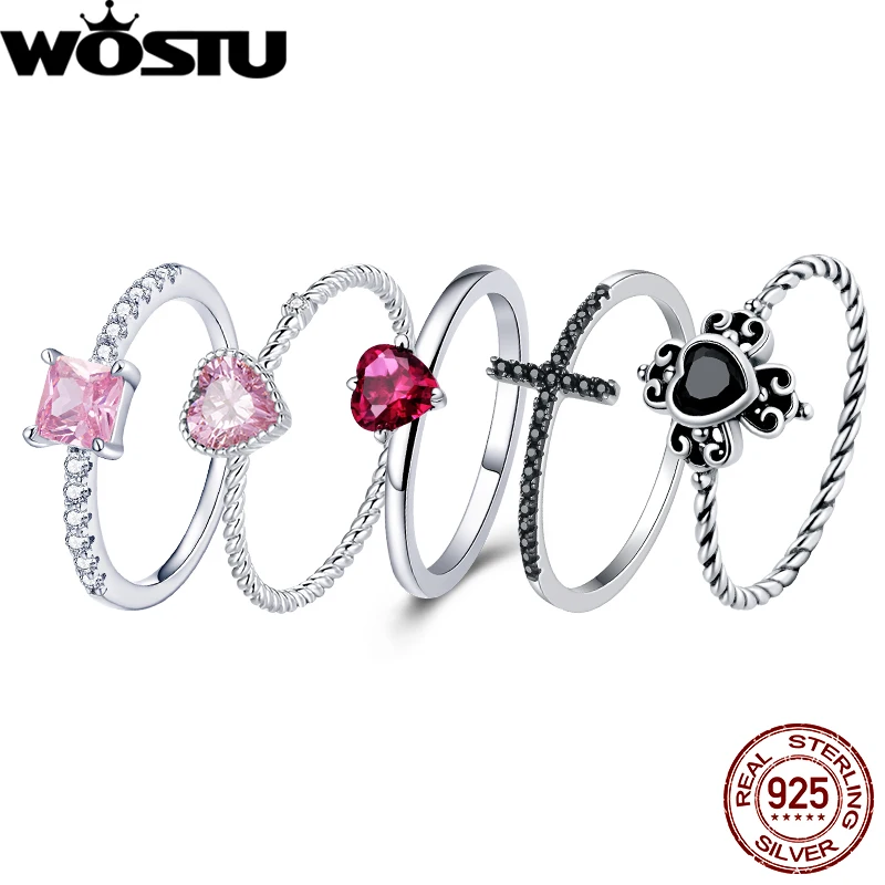 WOSTU 925 Sterling Silver Cross Love Heart Band Rings For Women s925 Black Rose Red Pink CZ Jewelry Wedding Accessories Gift