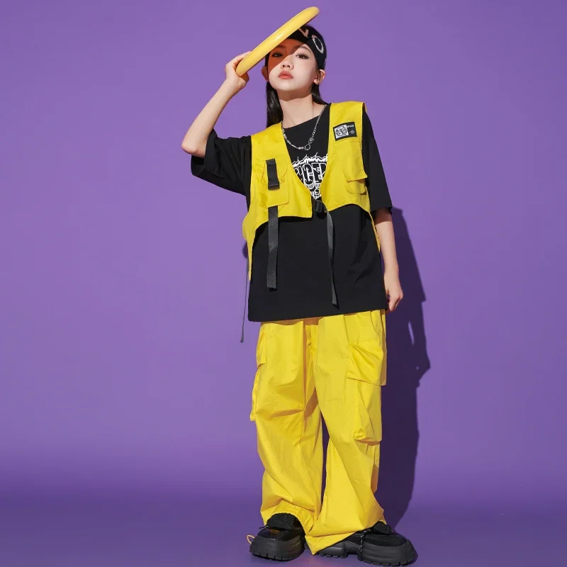 Hip Hop Outfits Boys Cool Tshirt Yellow Vest Cargo Pants Girls Jazz Street Dance Clothes Sets Child Streetwear Kids Costumes