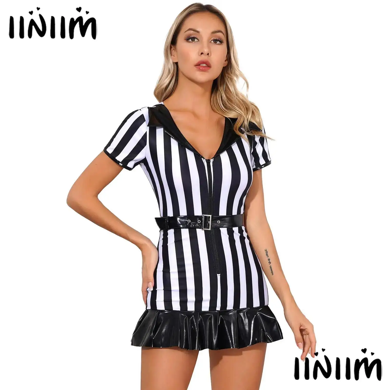 

Womens Halloween Referee Cosplay Costumes V Neck Zipper Ruffle Striped Spliced Mini Dress with Belt Umpire Uniform Fancy Dress