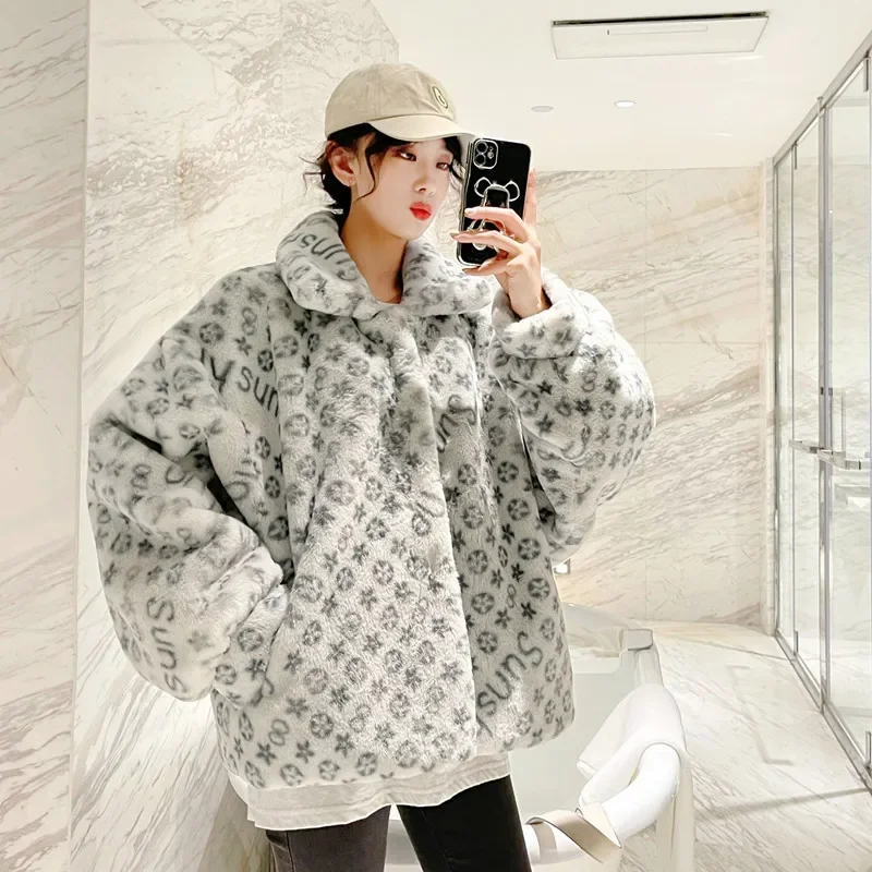 Winter New Small Square Collar Thickened Jacket Loose Imitation Fur Long-sleeved Jacket Bat Sleeve Plush Jacket Women