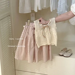 Kids Girls Summer Clothing Sets Patch String O-neck One Breasted Sleeveless Knitting Cardigan Coat Tops+Elastic Waist Pink Pants