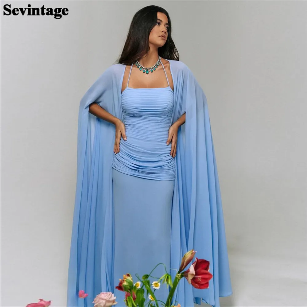 

Sevintage Elegant Sky Blue Chiffon Prom Dress Mermaid Long Cape Sleeves Pleated Formal Evening Dress Floor Length Party Gowns