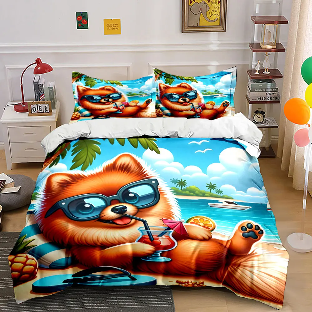 Relaxing orange dog on beach Bedding Set for Kids Luxury Gift 3pcs Digital Print Comforter Set Soft Comfortable Breathable