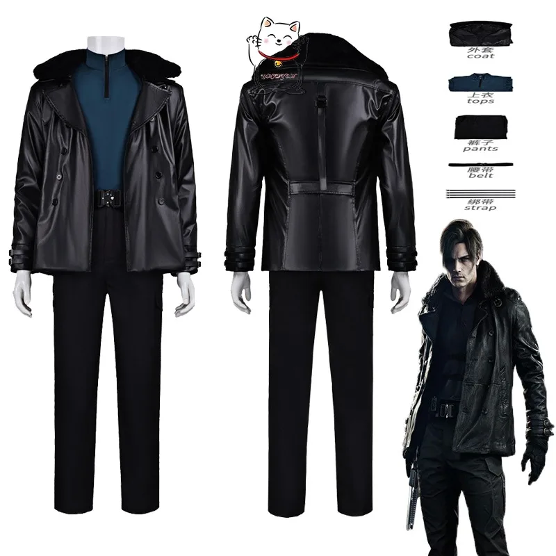 

Game Lyon Kennedy Cosplay Set Manga Exhibition Role Playing Top Gloves Belt Strap Pants Coat Hot Selling