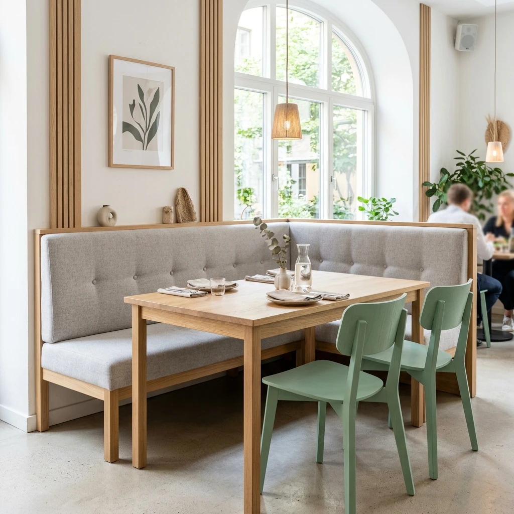 Restaurant Booth Dining Set Grey Fabric Sofa and Light Oak Wood Table with Green Chairs