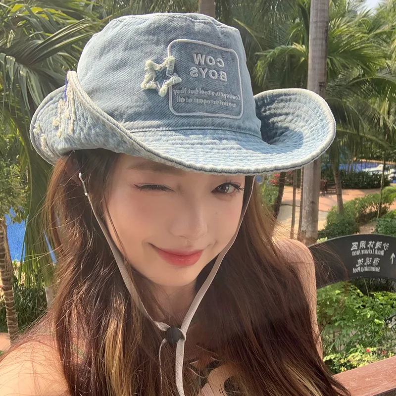 

Y2k Cute Star Washed Denim Bucket Hats Spring and Summer Travel Versatile Sunscreen Retro Western Cowboy Caps for Men and Woman
