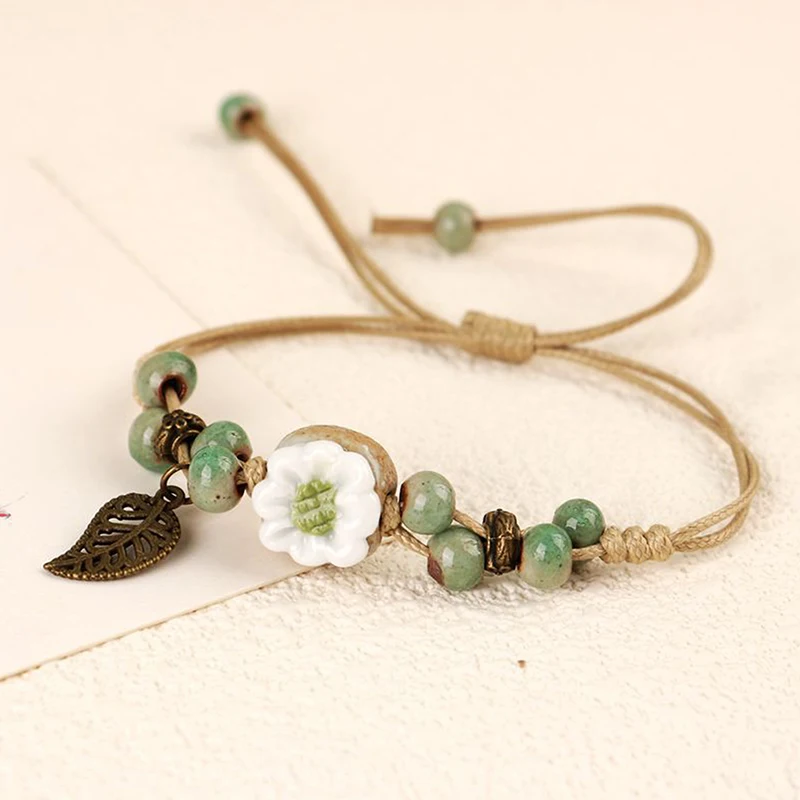 Vintage Ethnic Sunflower Leaf Ceramic Bracelet Bohemian Adjustable Jewelry Women's Gift