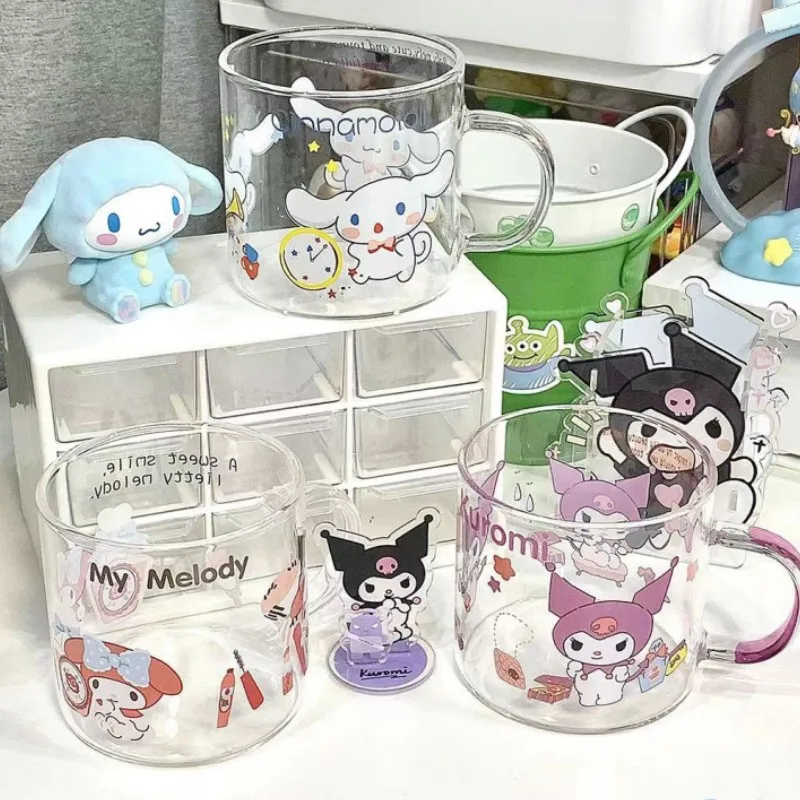 

450Ml Anime Sanrio High Borosilicate Glass Water Cup Melody Kuromi Cinnamoroll Pochacco KT Fashion Cartoon Water Glass Girl Gift