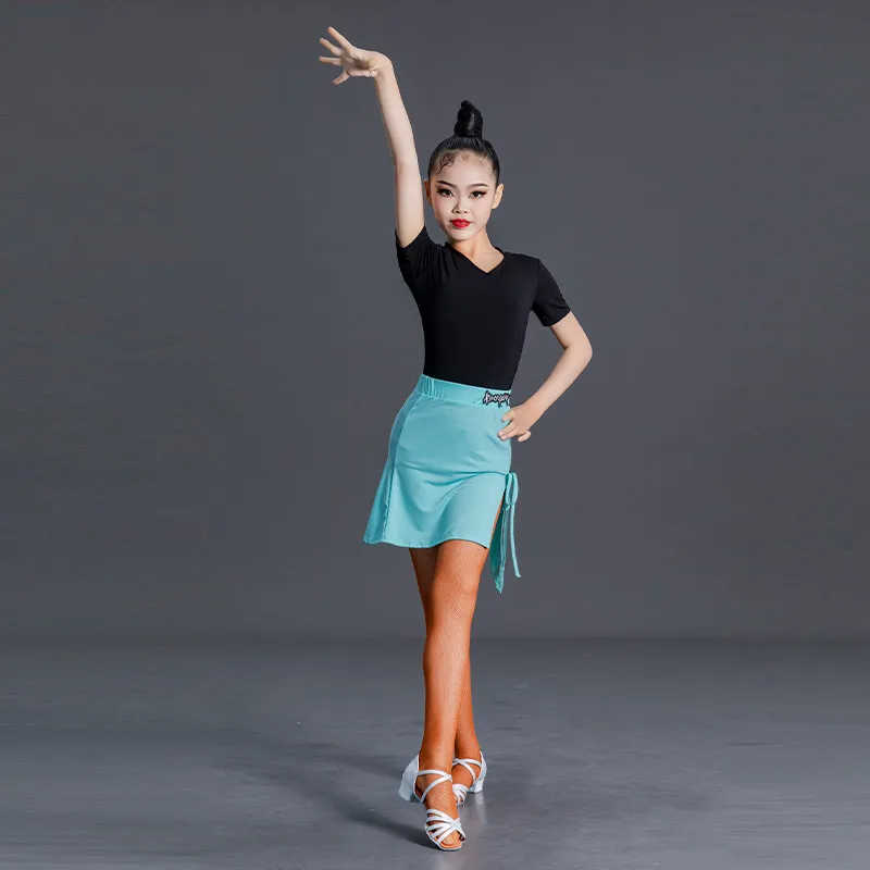 Jupe de danse latine personnalisée pour filles, nouvelle robe d'entraînement pour enfants, haut fendu et jupe, robe de spectacle longue à manches courtes, 2 pièces