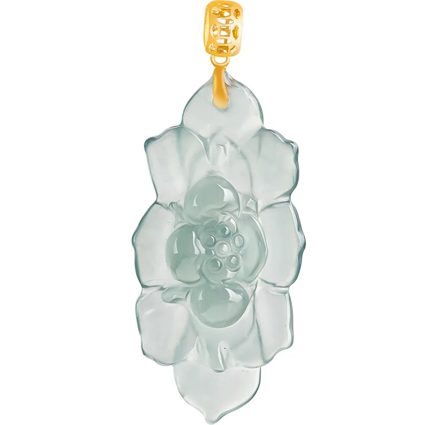 

Natural A-Grade Jadeite Lotus Jewelry, Icy Blue Jade Pendant with 18K Gold, Elegant Chinese Ornament, Good Luck Gift
