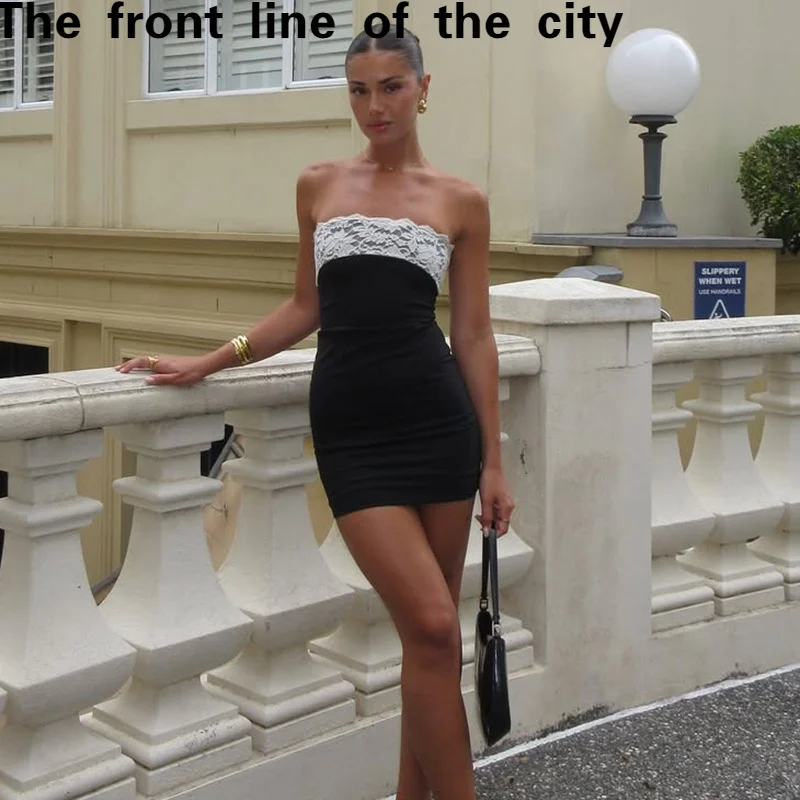 

Sexy Lace Trim Slim Fit Hip Hinge Dr Color Blo Strapl A-Line Skirt Polyester Fabric No Sve mid Waist Polyester Blend