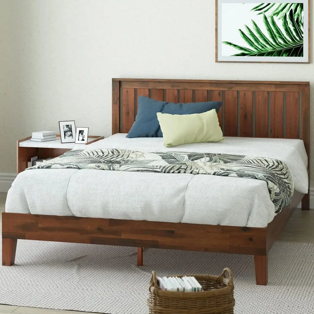 Queen Size Bed Frame with Headboard, Wood Slat Support, No Box Spring Needed, Easy Assembly, Rustic Pine, Queen Size Bed Frame