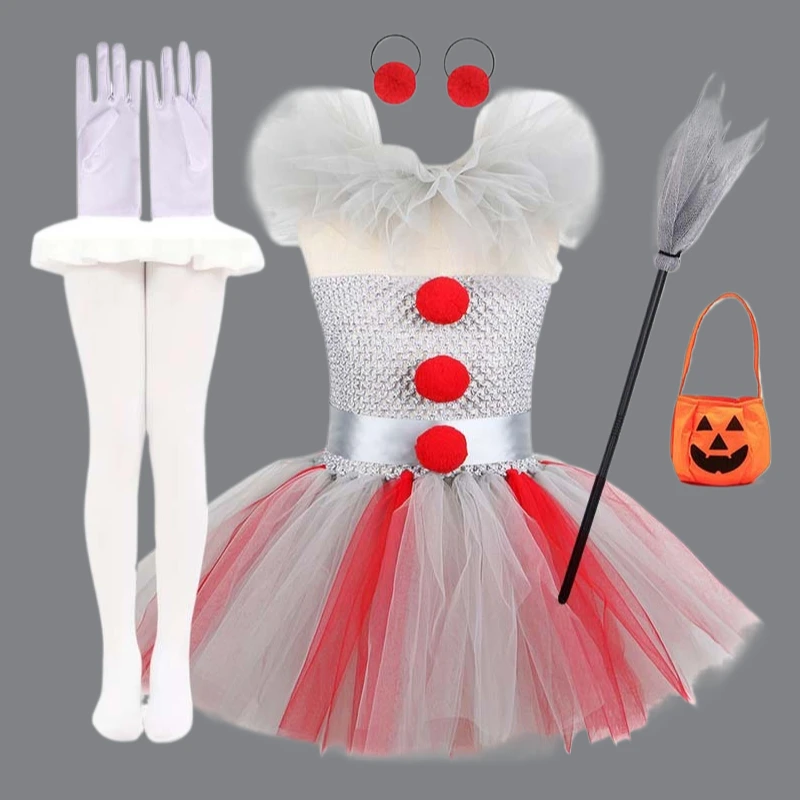 Vestido de payaso gris para niñas de 2 a 12 años, disfraz de fiesta de baile de Halloween con dobladillo de malla y pompones, traje elegante espeluznante para truco o trato