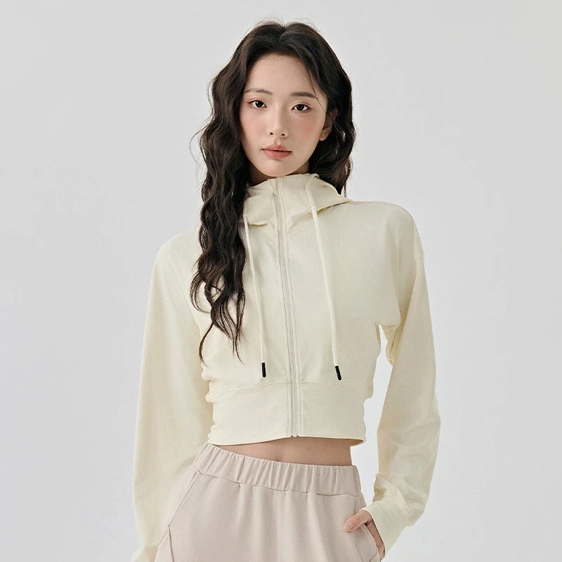 المرأة فضفاضة ضئيلة مقنعين سترة رياضية قصيرة معطف سستة في الهواء الطلق عارضة تنوعا ملابس لليوجا اللياقة البدنية الجري التدريب أعلى القماش