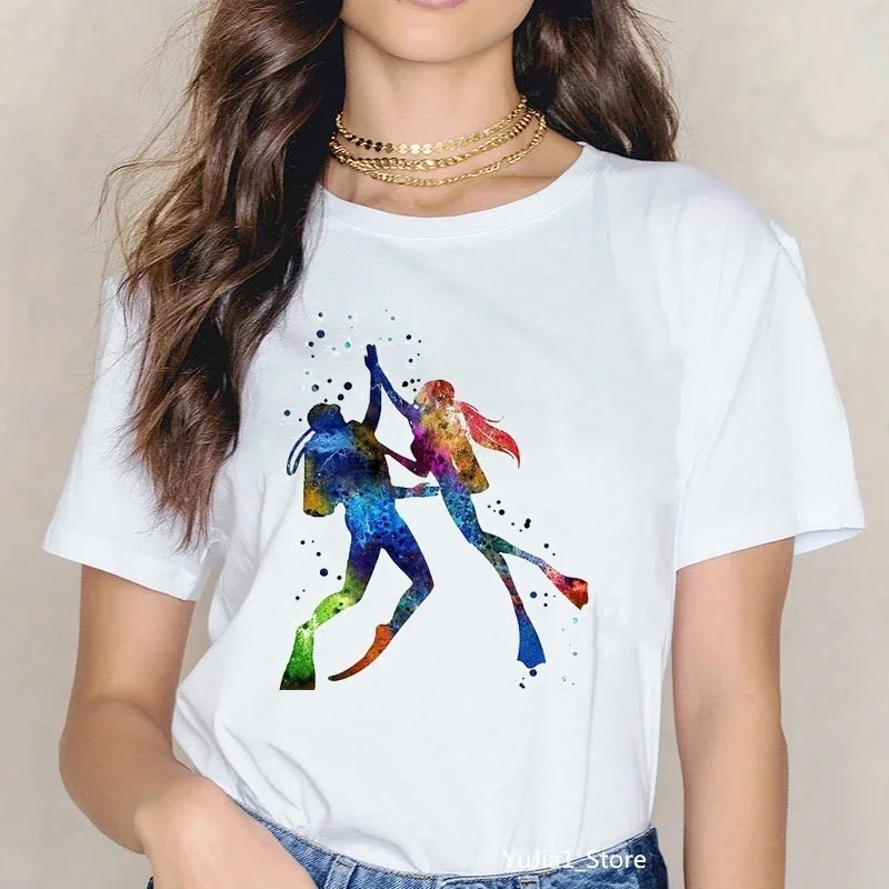 Watercolor Scuba Diving Lover Printed Sports Art Tee Shirt Femme Cute Summer Top Woman Clothes Ropa Mujer Custom Tshirt