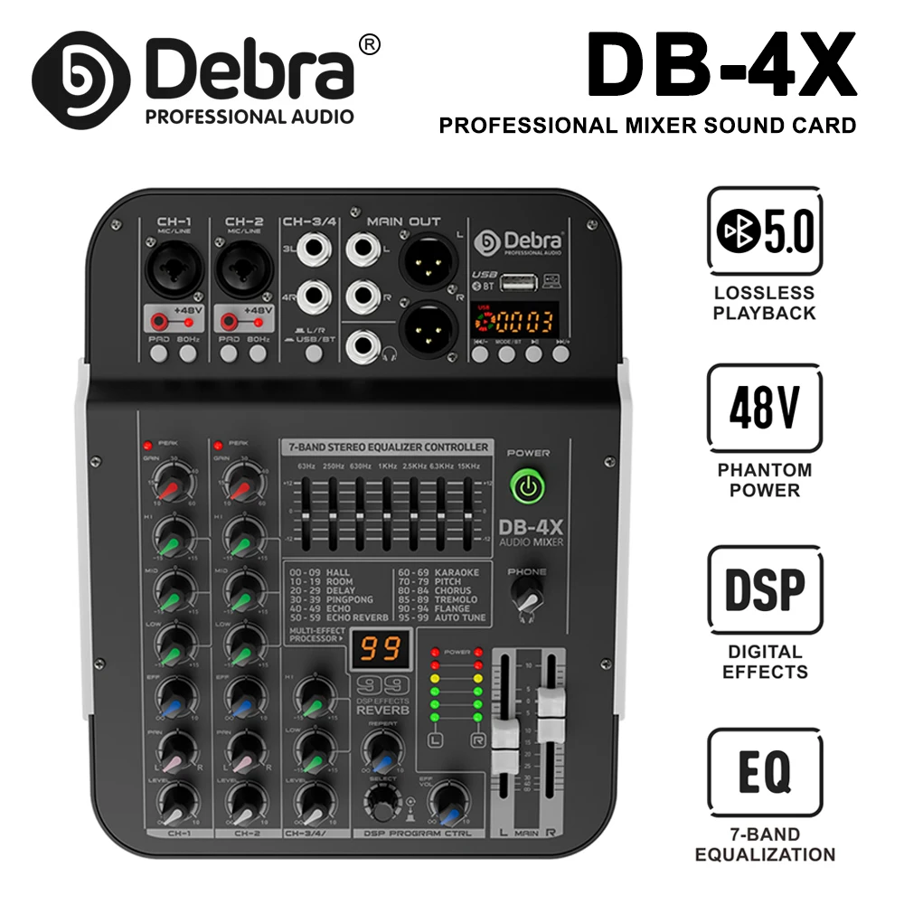 Debra DB-4X 4-Channel Professional Mixing Console, with Bluetooth 5.0 and +48V Phantom Power Support, for Band Audio Interfaces
