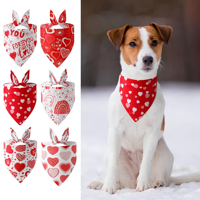 Dog Bandana Washable Christmas Valentines Dog Bandanas Love Heart Printed Bib Kerchief Scarf Puppy Cat Pet Accessories Supplies