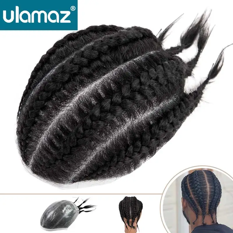 

Braids Wigs For Men Knotted Skin Male Hair Prosthesis Crochet Braids Toupee Hair Men Full PU Men's Wig Braided Human Hair System