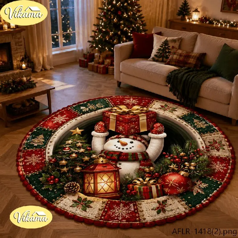 VIKAMA Christmas Round Rug 3D Snowman Holding Gift Boxes Area Rug Living Room Holiday Home Decor Aesthetic Art Large Premium