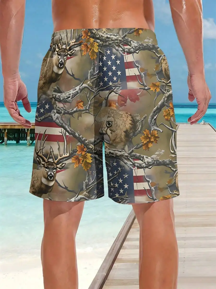 

Mens 3D Camo Deer And American Flag Print Beach Shorts Casual Outdoor Summer