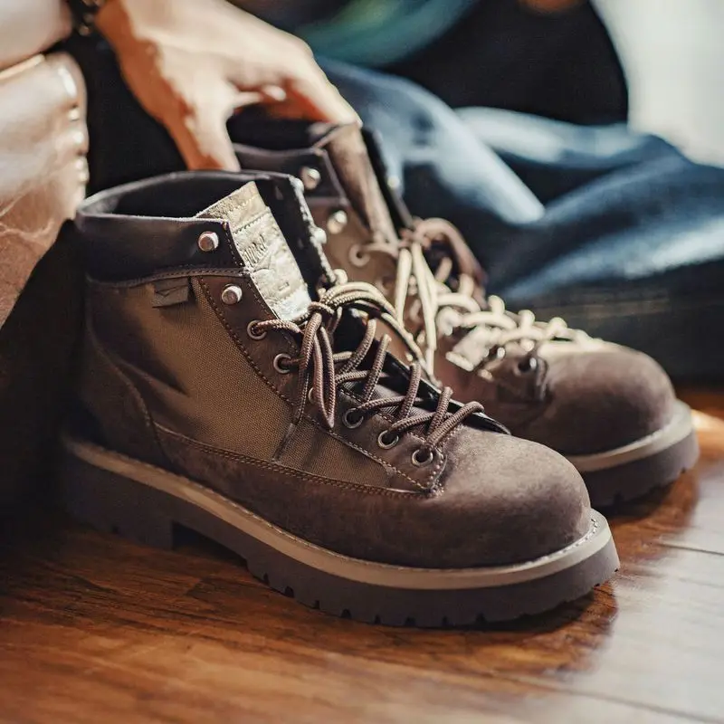 Maden Splice Suede Work Boots Men's Vintage Chunky Sole Round Toe Combat Boots Lace-Up Ankle Boots for Desert Hiking & Casual