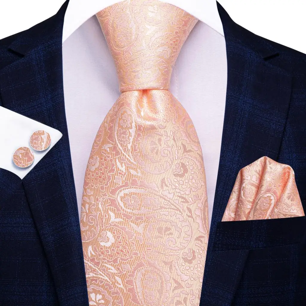 

Peach Pink Paisley 2022 New Fashion Brand Ties for Men Wedding Party Necktie Set Handky Cufflinks Gift Wholesale Hi-Tie Designer