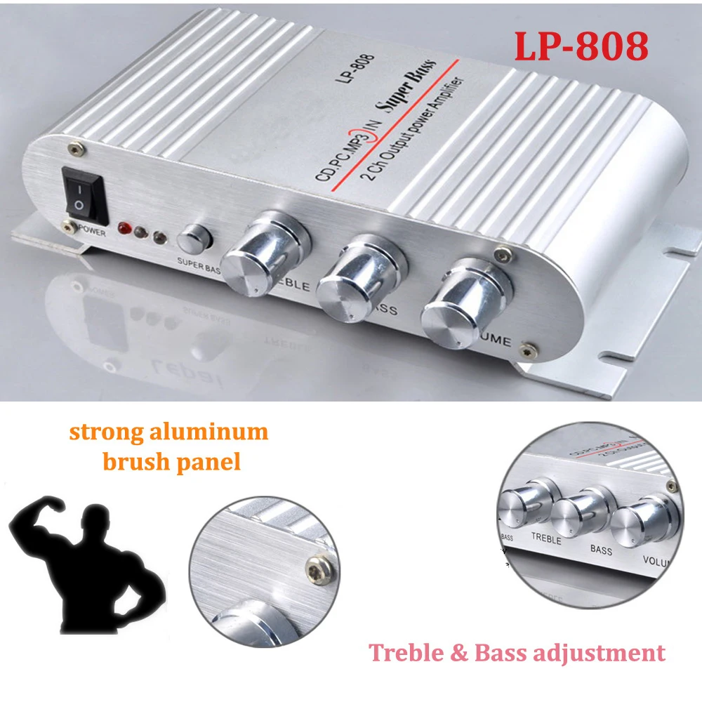 2.0 LP-808 channel 2X20W RMS output power amplifier Mini Hi-Fi Audio Stereo Amplifier For Cars Motorcycle Boat PC MP3 DVD