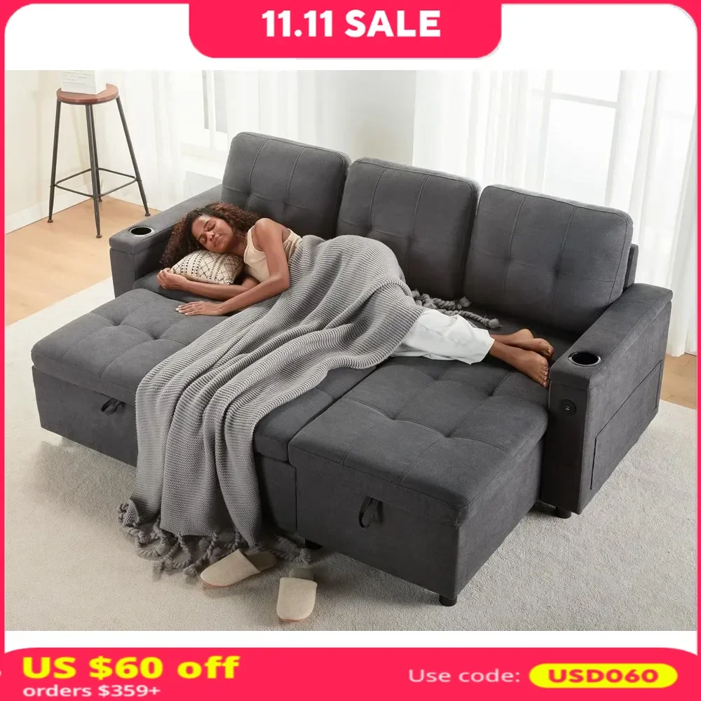 

Sofa Bed, 84-inch, with 2 USB Outlets and Cup Holder, L-Shaped Pull-Out Sofas Bed with Storage Recliner, Sofa Sleeper