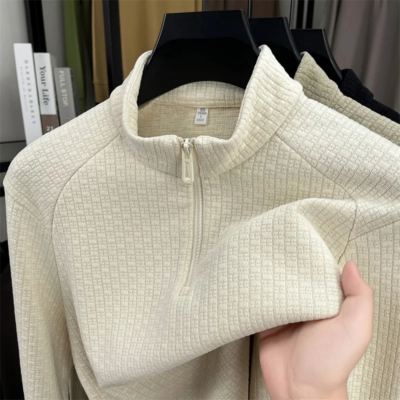 

Fashion personality jacquard long sleeve men's T-shirt high-end half zipper stand up collar Korean style casual new sports shirt