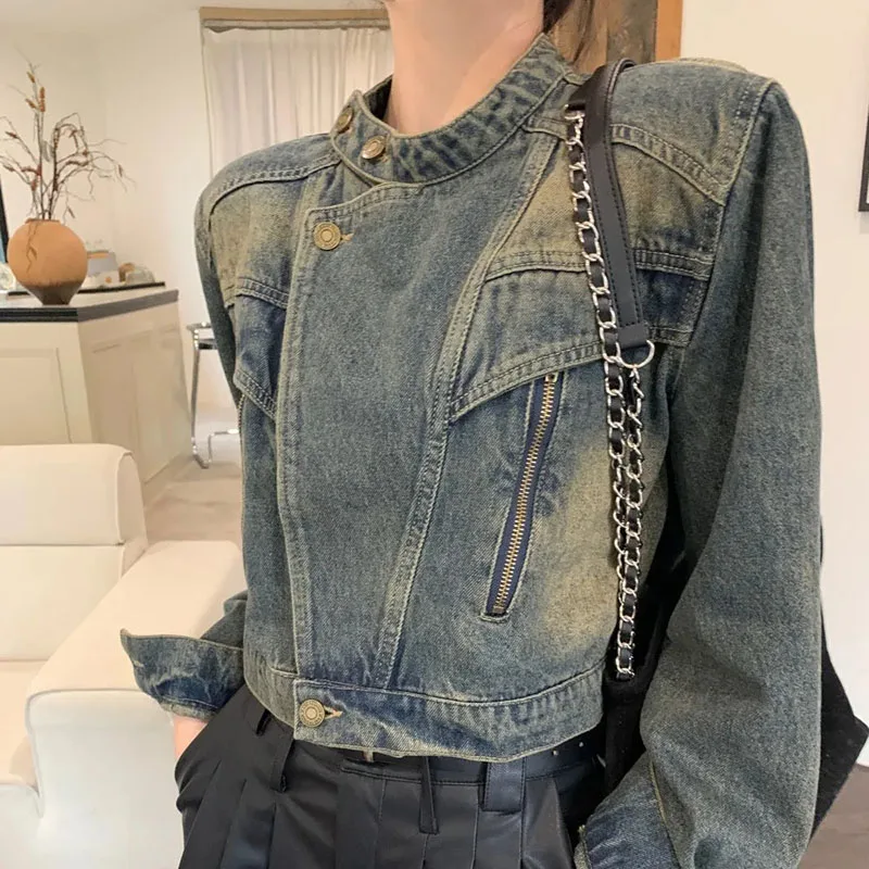 Vintage Cropped Denim Jacket for Women 2024 Spring Autumn Long Sleeve Moto Biker Coat Woman Casual Lapel Zipper Jacket Ladies