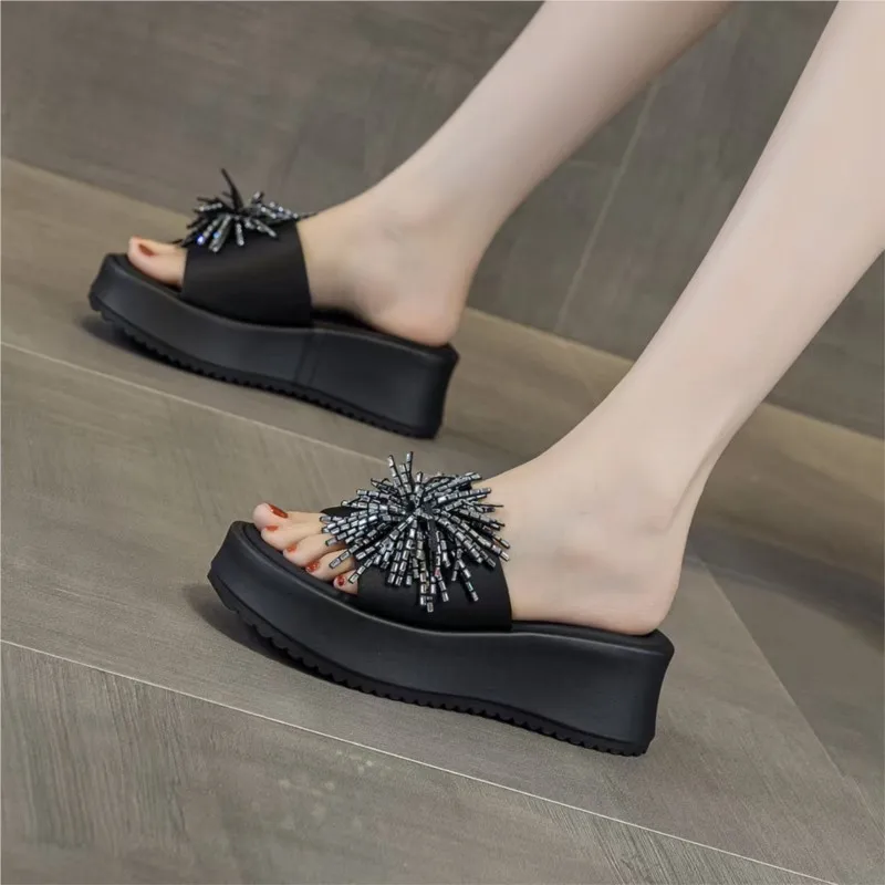 2026 Women's Summer Thick Heel Sandals Outdoor Wear Fairy Style round Head Support Arch Rubber Bottom High Heel Glitter Firework