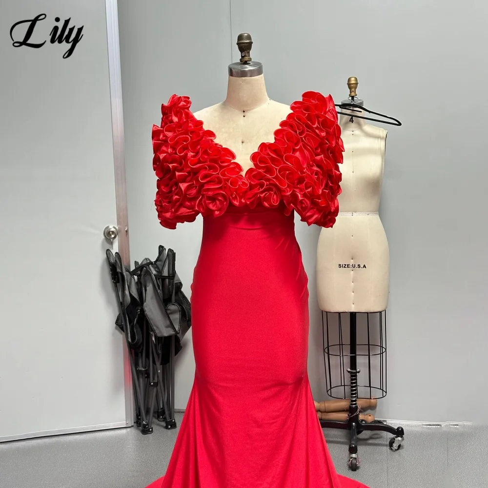 Lily Red Mermaid Chic Woman Evening Dress Stain 3D-Flowers Formal Gown Ruched Deep V-Neck Night Dresses robe de bal Customized image 5