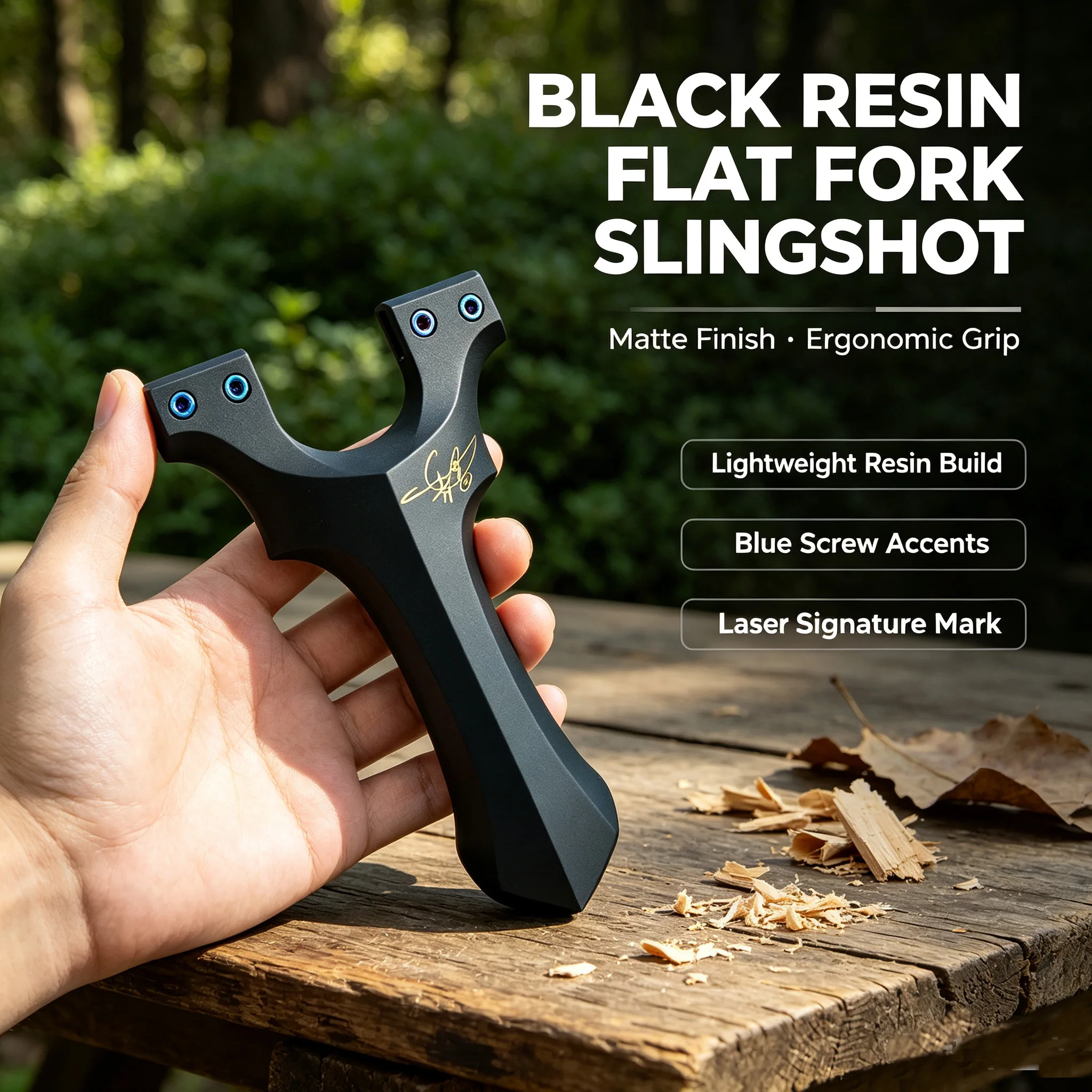 Resin Y-Shaped Slingshot with Flat Top Clamp, Colorful Screws & Golden Signature Graphic for Outdoor Practice