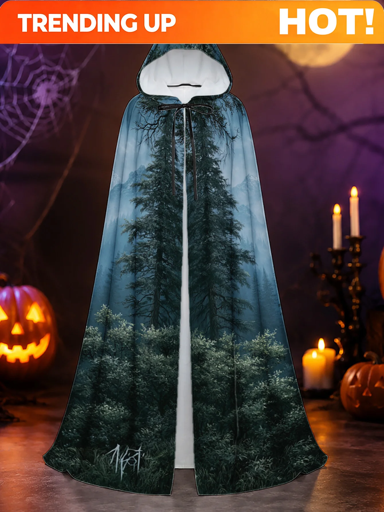 Customization 1pc, Adult Full-Length Hooded Cloak With Mystic Mountain Forest Scene Print, Polyester Costume Cape For Halloween