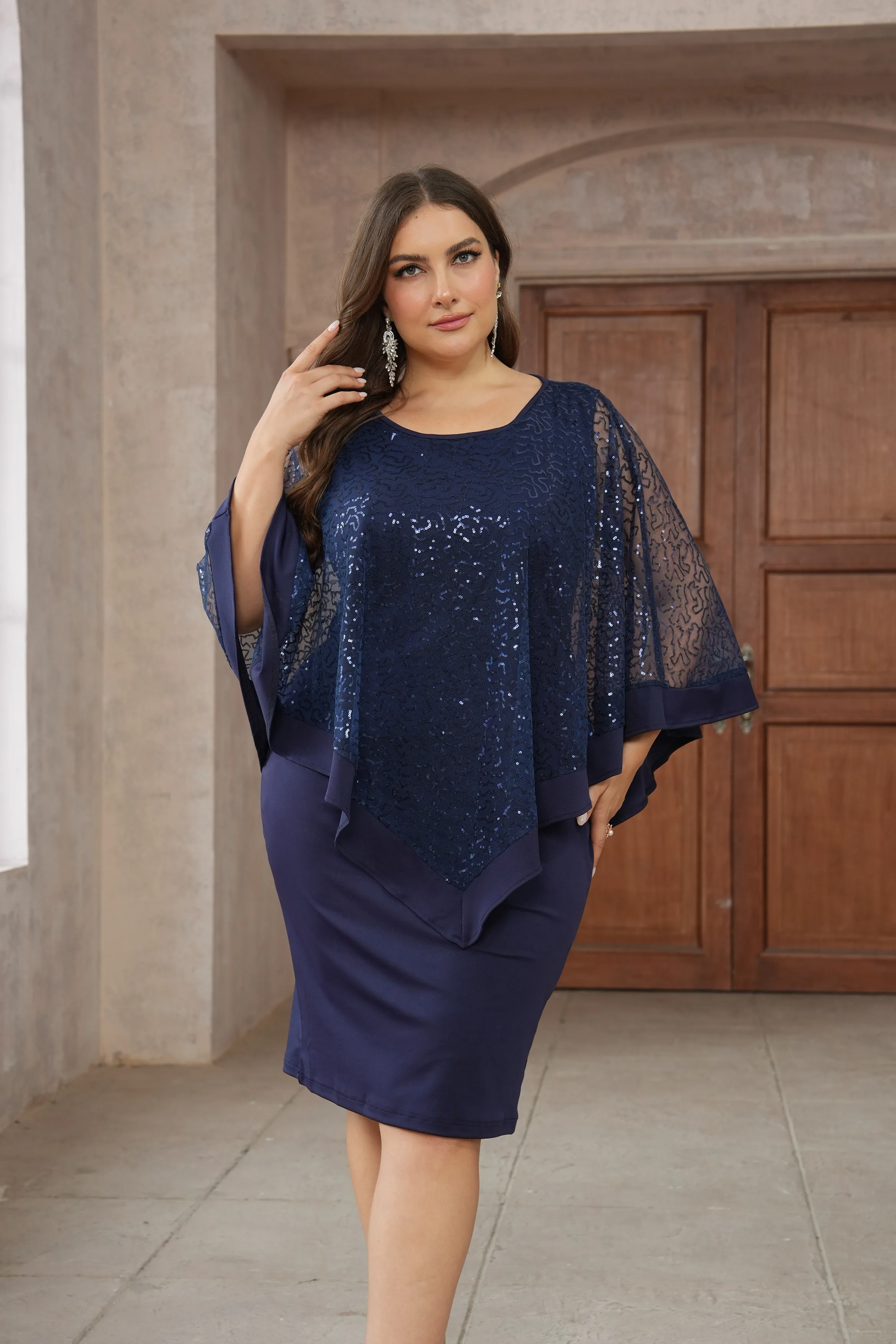 Plus Size Eleganckie sukienki damskie na imprezę Cekiny Sukienki codzienne Rękawy pelerynowe Granatowe sukienki Wieczorowe sukienki na wesele