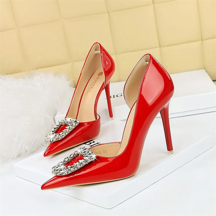 BIGTREE Fashion Crystal Hollow Wedding Shoes Autumn Women Pointy Toe Patent Leather High Heels Red Black Ladies Party Pumps 2024