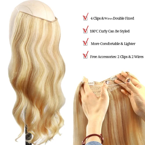 Imagen 2 del producto Extensiones de cabello con alambre para mujer, cabello humano liso, línea de pescado, extensiones de cabello de fusión Natural con Clips, extensiones de cabello de trama