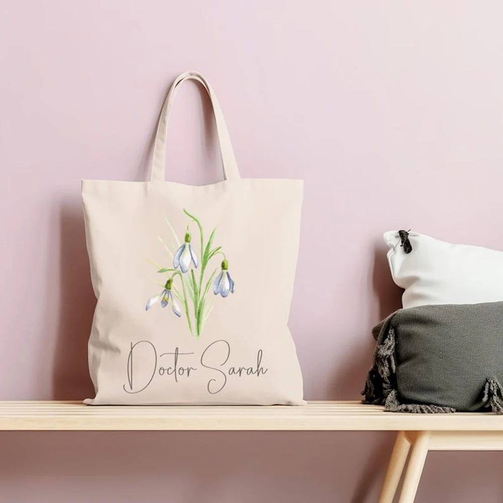 Custom Birth Flower Canvas Tote Personalized Birth Month Flower Custom Name Bag Personalized Bag Best Friend Gift Shoulder Bag