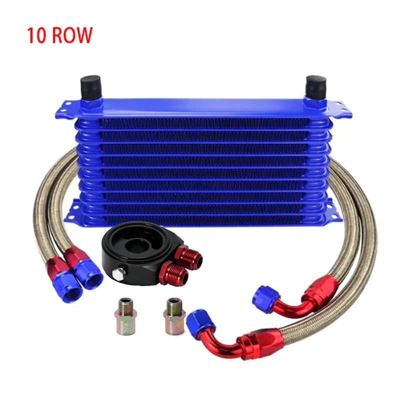 

Universal 10 Rows Oil Cooler Kit + Oil Filter Sandwich Adapter +Stainless Steel Braided Oil Hose AN10 Hose End Fittings BLUE